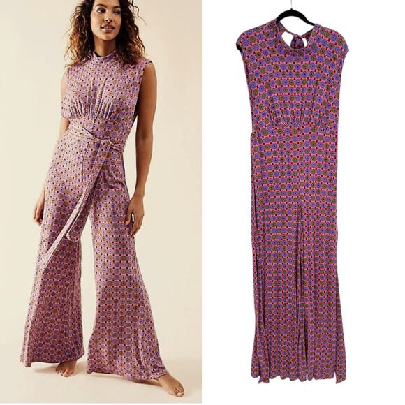Free People Vibe Check One-Piece Jumpsuit Geometric Print Jersey Pink Size Large - Picture 1 of 14